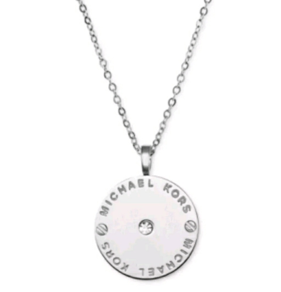 MICHAEL KORS LOGO PLATE DISC NECKLACE SILVER TONE